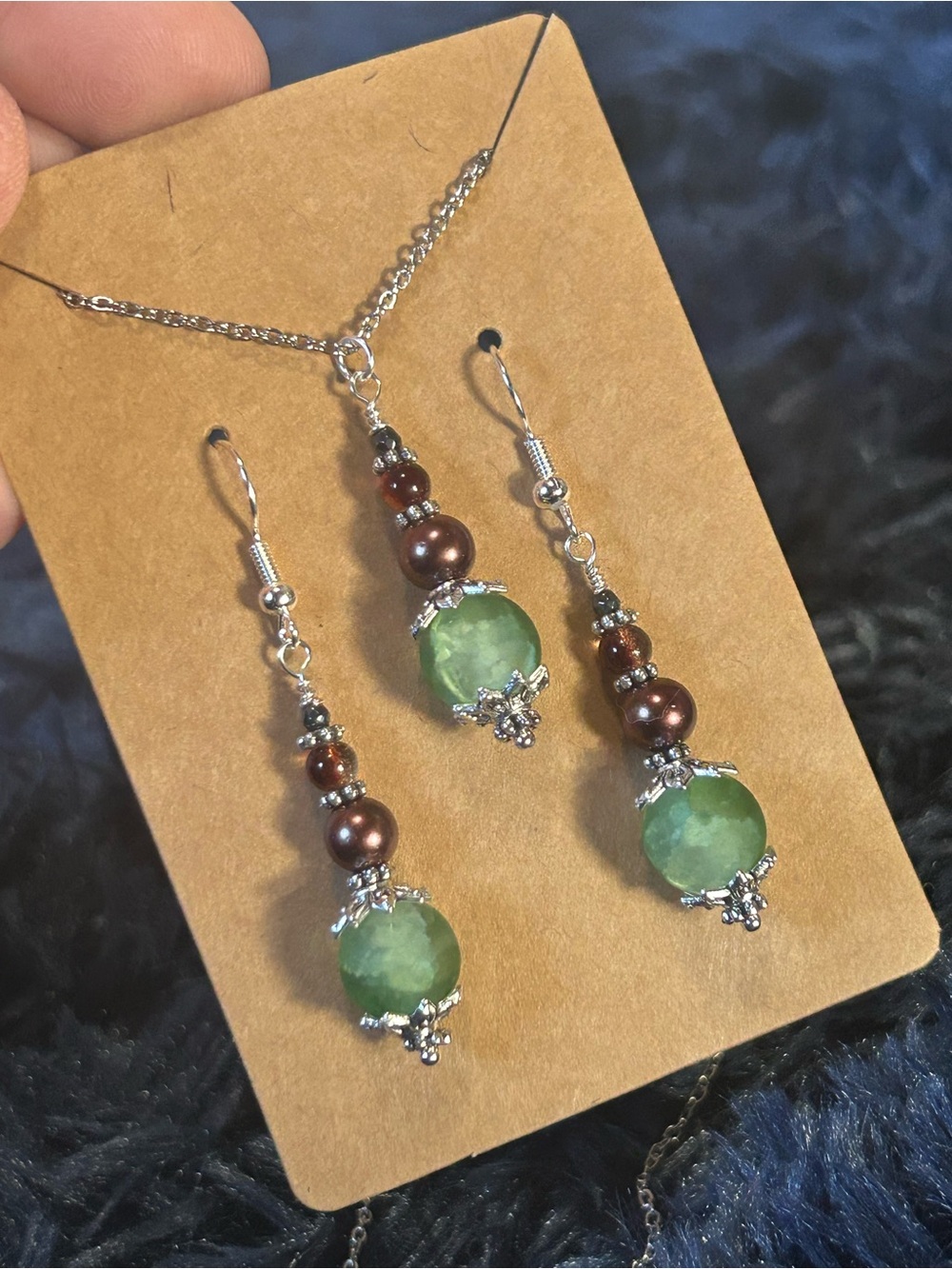 Handcrafted green crackle glass pearl cat eye necklace and earring set